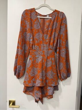 Women's Orange Floral V-Neck Long Sleeve Romper/ Dress